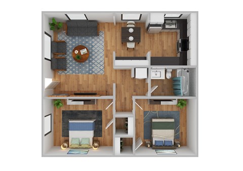 Floor plan for 2 beds, 1 bath, 749 sqft